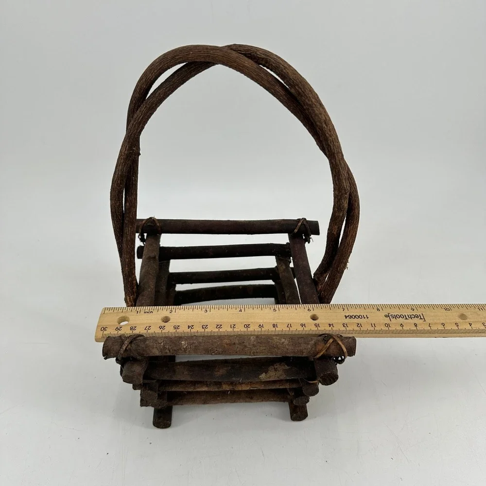 Rustic Twig Log Cabin Basket Grapevine Handle Natural Wood Primitive Decor Brown